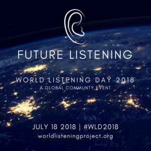 world listening day 2018 logo, ,dark side of planet earth seen from space with brightly lit cities